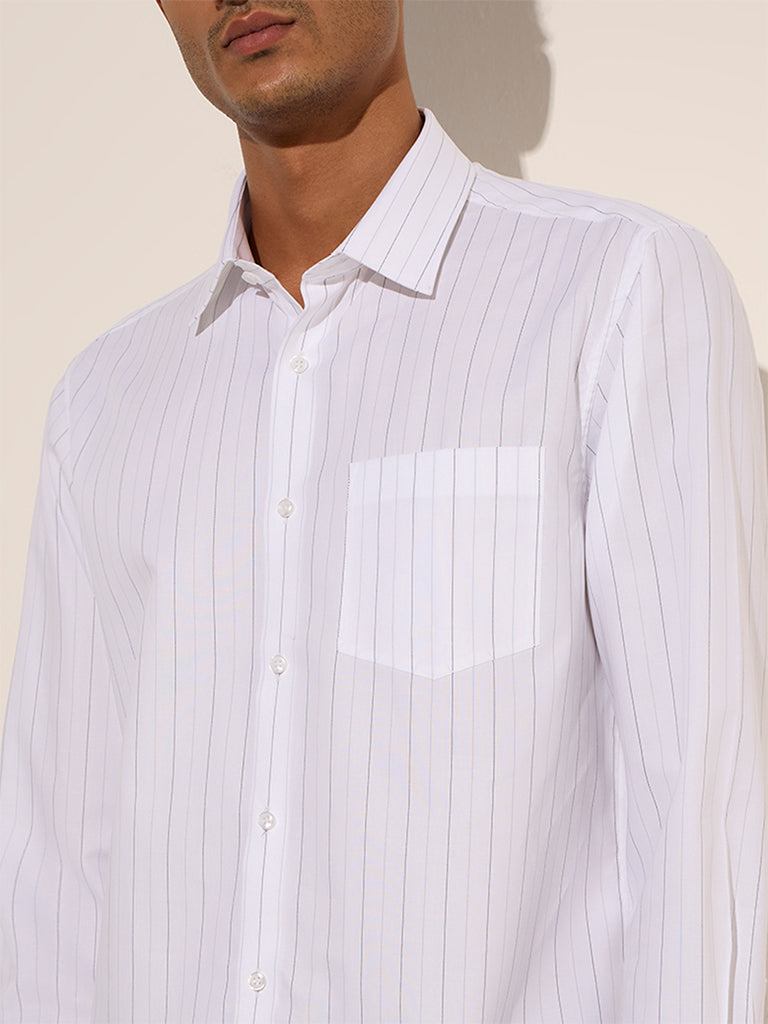 WES Formals White Striped Slim-Fit Cotton Shirt