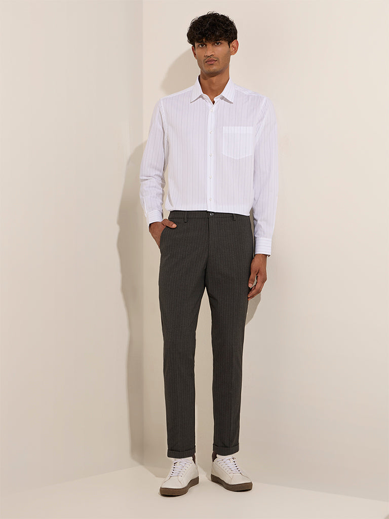 WES Formals White Striped Slim-Fit Cotton Shirt