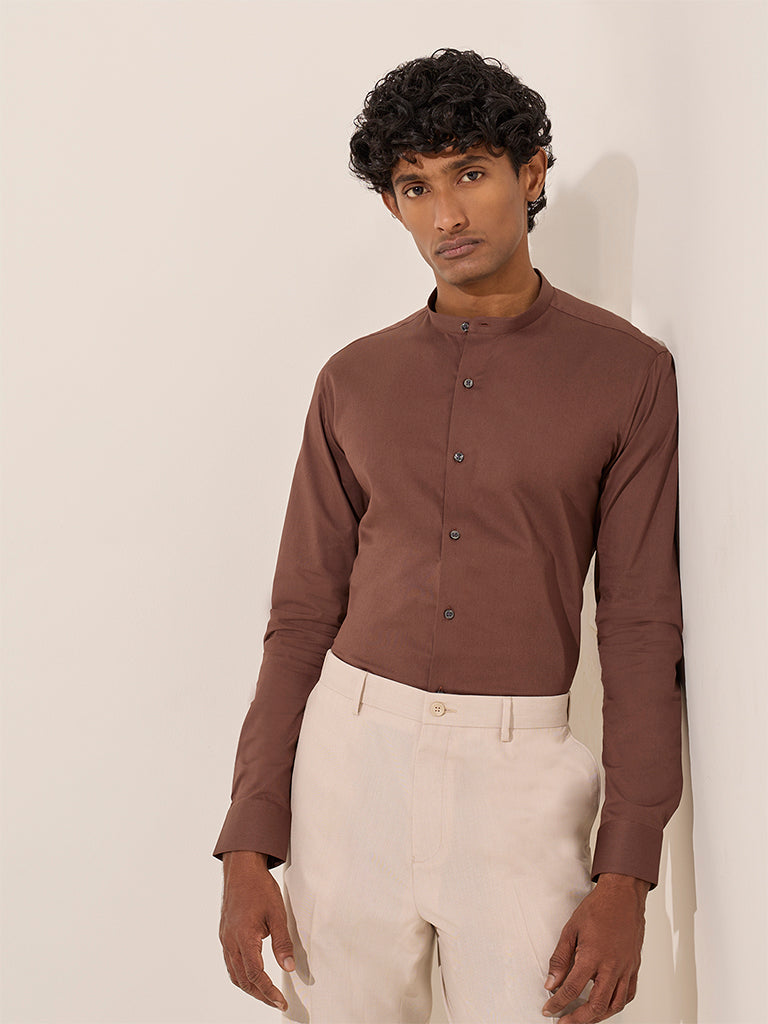 WES Formals Brown Solid Slim-Fit Cotton-Blend Shirt