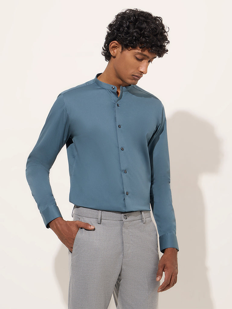 WES Formals Teal Solid Ultra-Slim Fit Cotton Blend Shirt