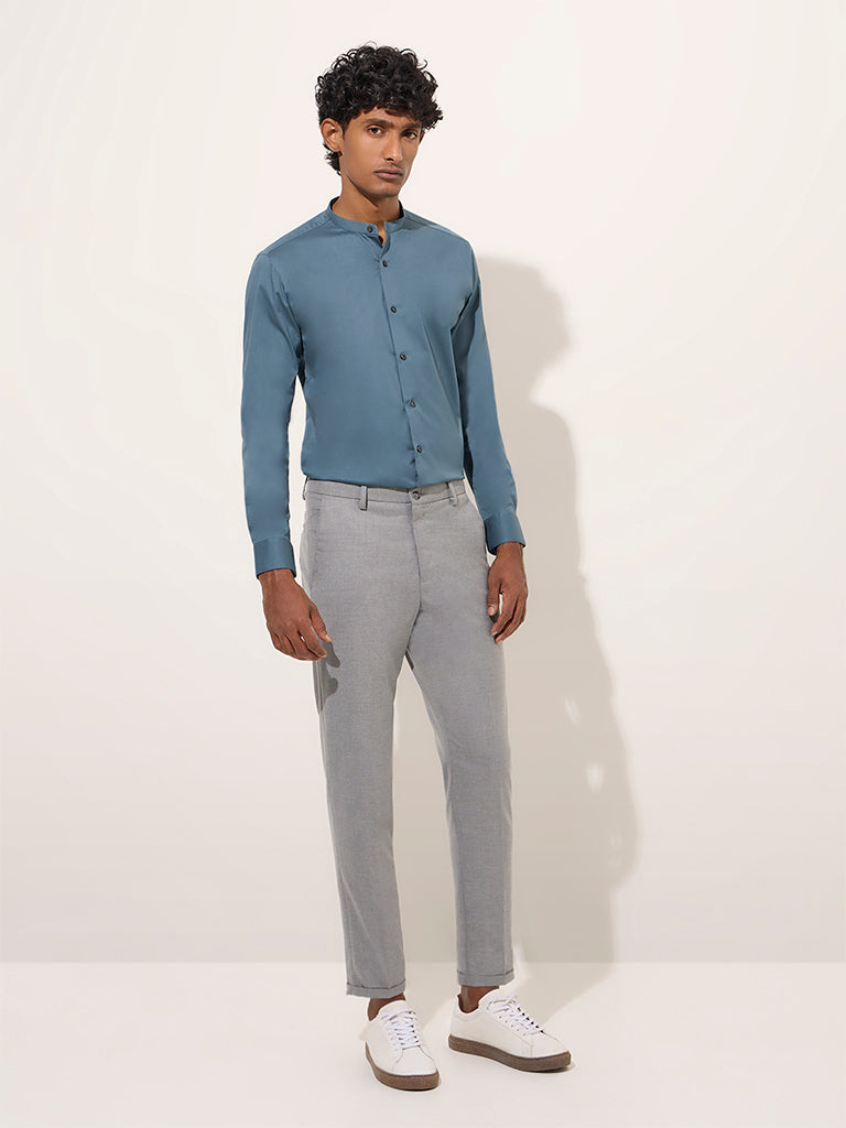 WES Formals Teal Solid Ultra-Slim Fit Cotton Blend Shirt