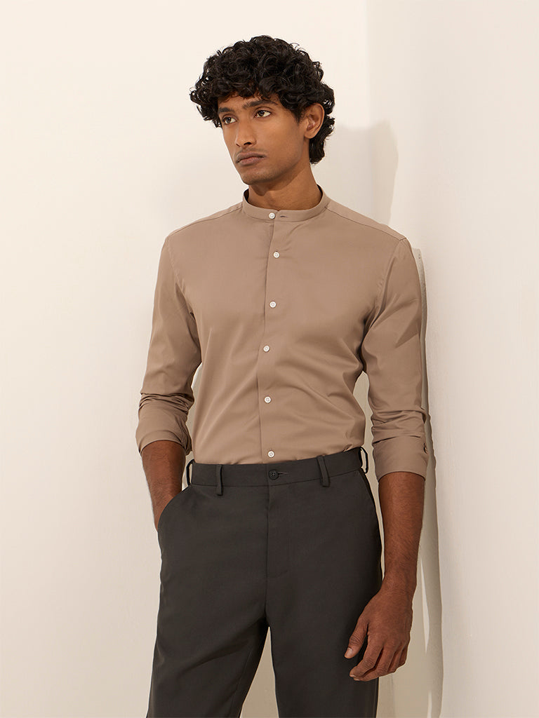 WES Formals Beige Ultra-Slim Fit Cotton-Blend Shirt