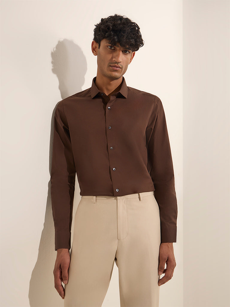 WES Formals Brown Slim-Fit Cotton Shirt