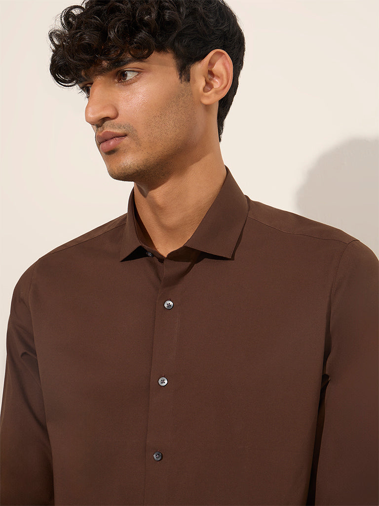 WES Formals Brown Slim-Fit Cotton Shirt