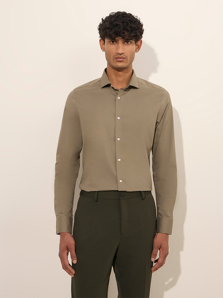 WES Formals Light Olive Slim-Fit Cotton Shirt