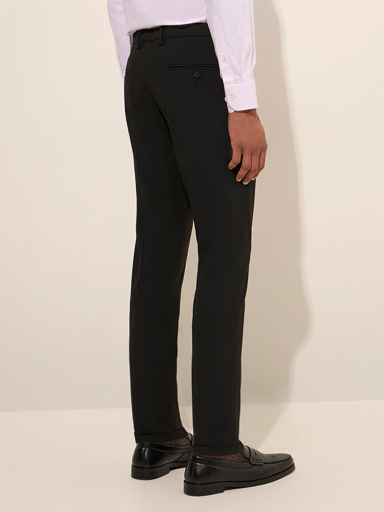 WES Formals Black Pinstriped Mid-Rise Slim-Fit Trousers