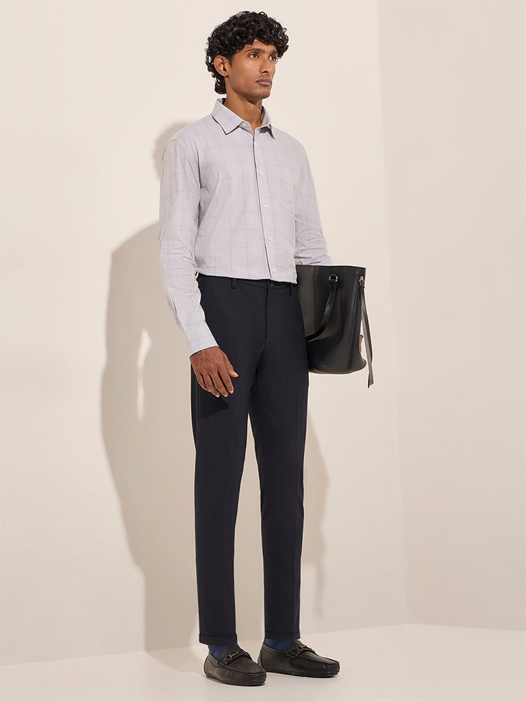 WES Formals Navy Pinstriped Carrot-Fit Mid-Rise Trousers