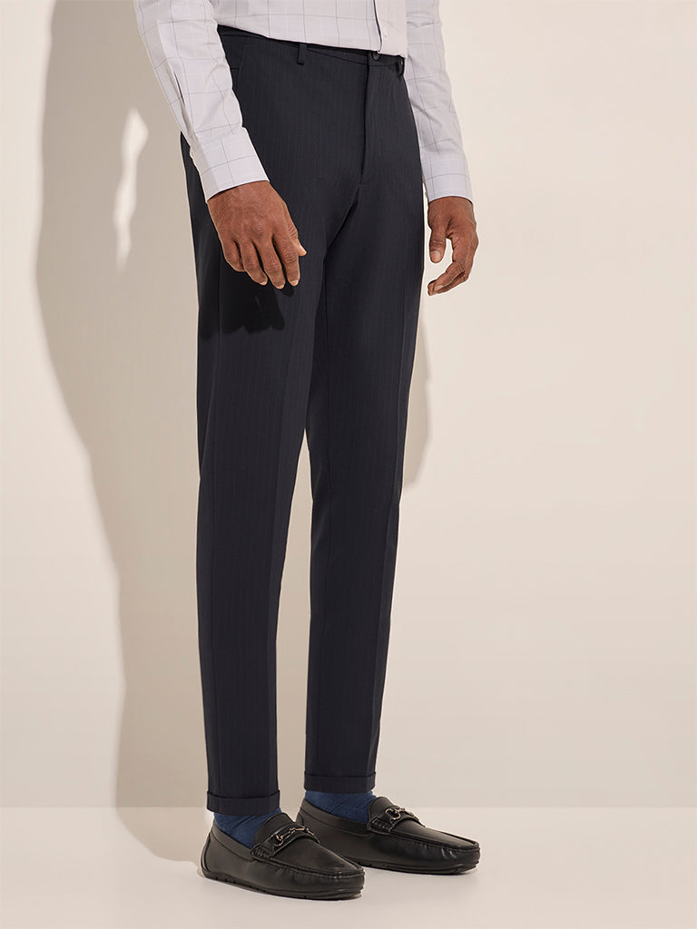 WES Formals Navy Pinstriped Carrot-Fit Mid-Rise Trousers