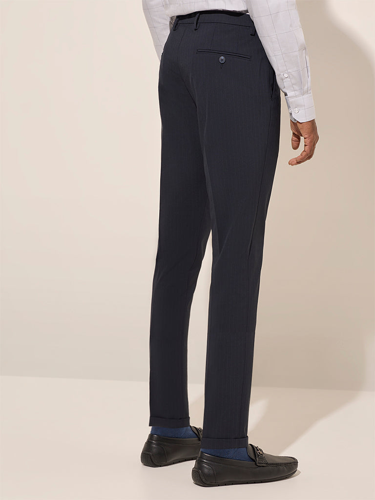 WES Formals Navy Pinstriped Carrot-Fit Mid-Rise Trousers