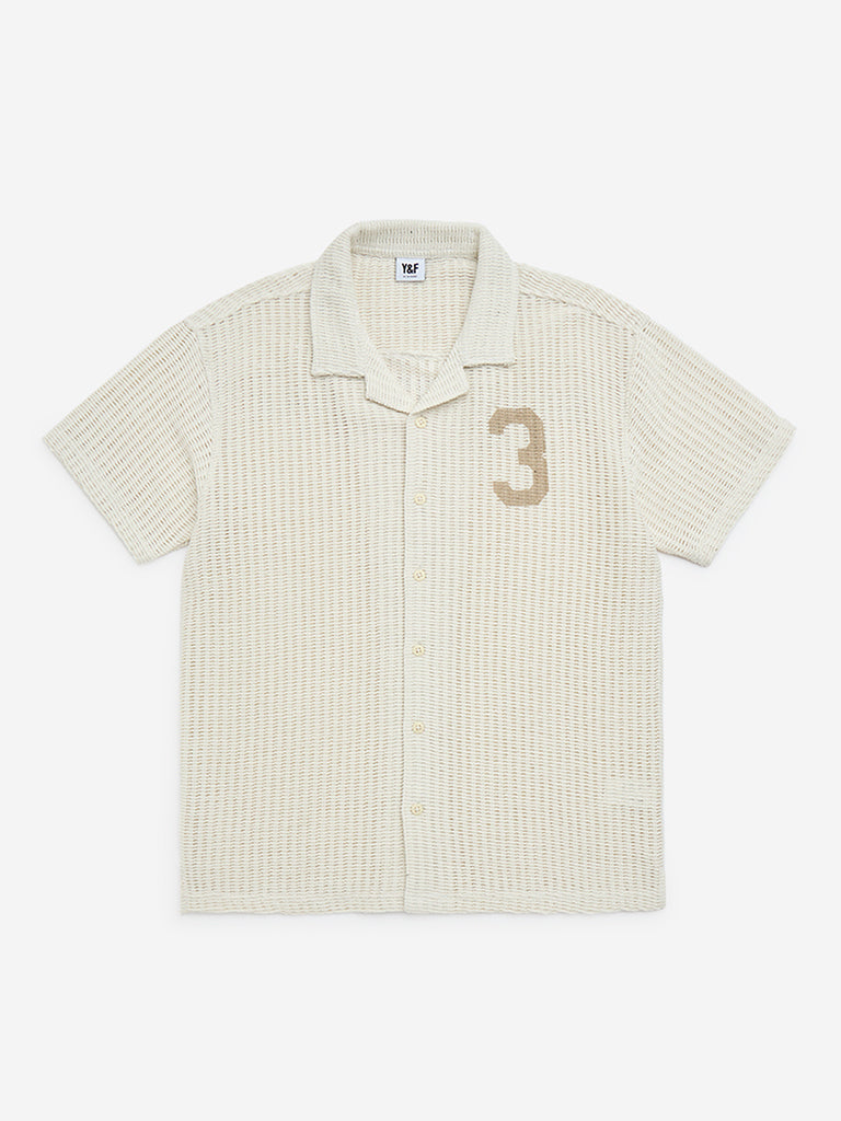 Y&F Kids Off-White Knitted Resort-Fit Cotton-Blend Shirt