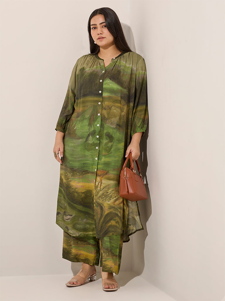 Diza Green Abstract Printed A-Line Kurta