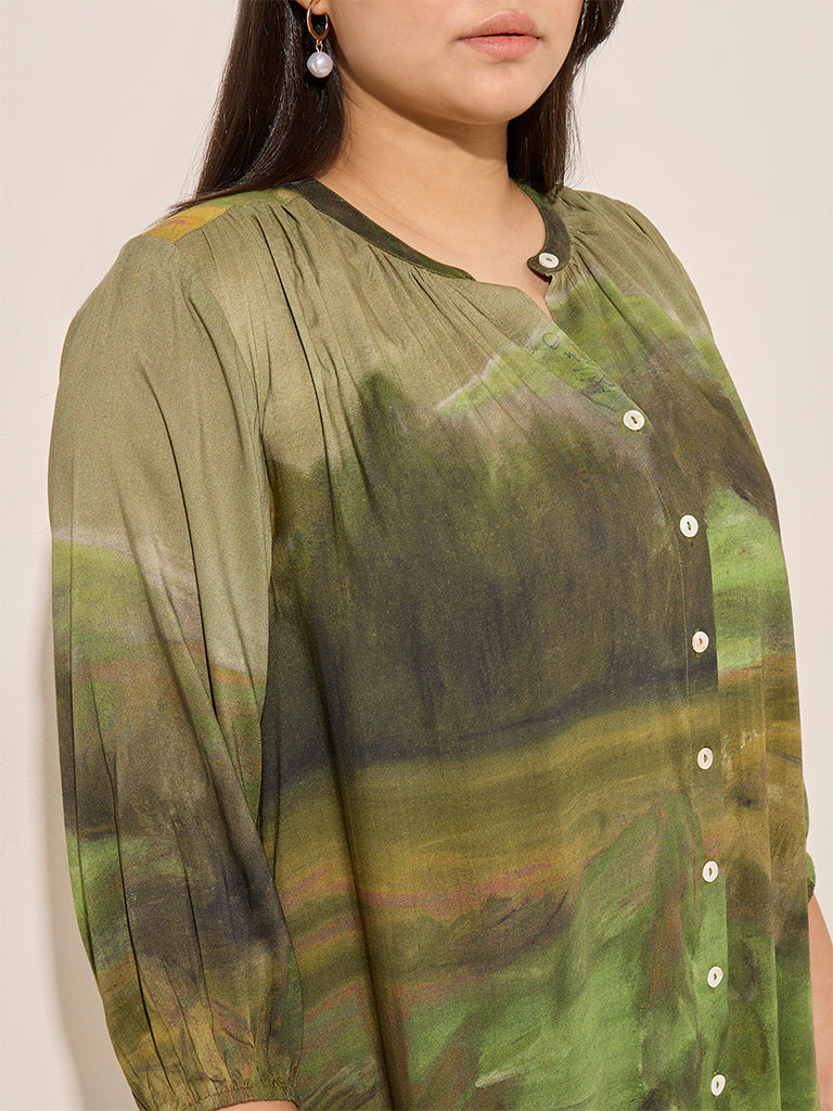 Diza Green Abstract Printed A-Line Kurta