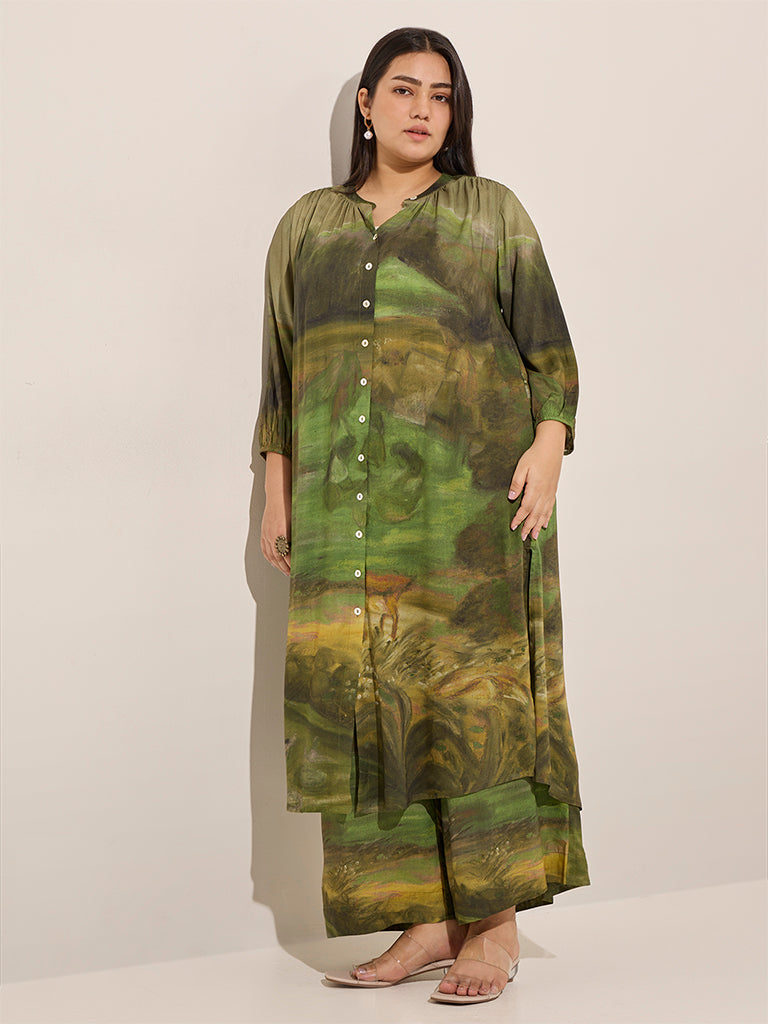 Diza Green Abstract Printed A-Line Kurta