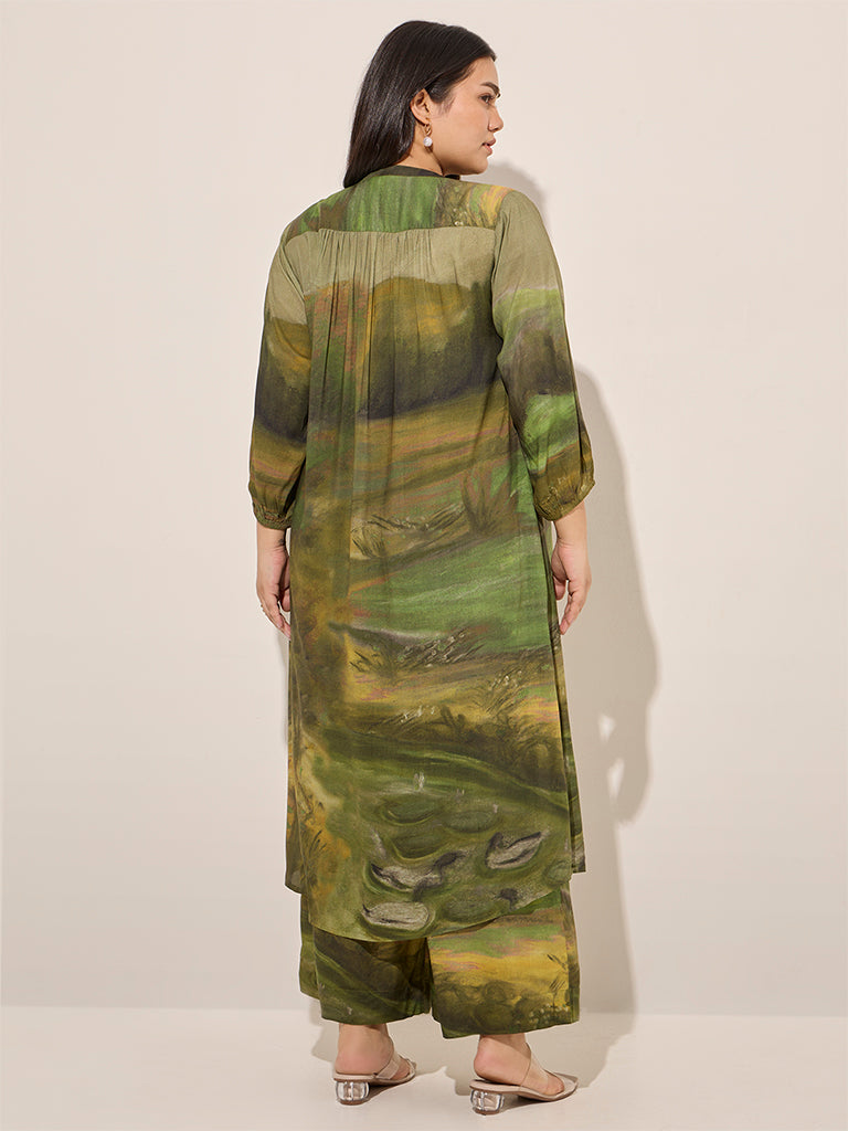 Diza Green Abstract Printed A-Line Kurta