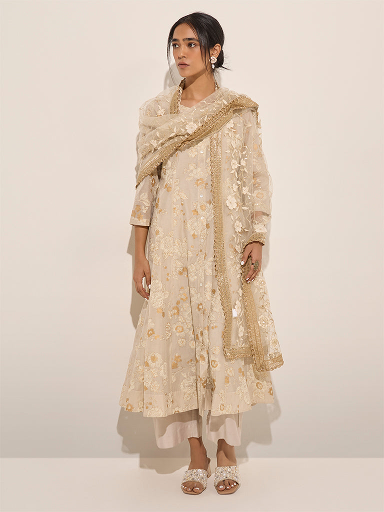 Vark Off-White Floral Printed A-Line Kurta, Inner, Palazzos and Dupatta Set