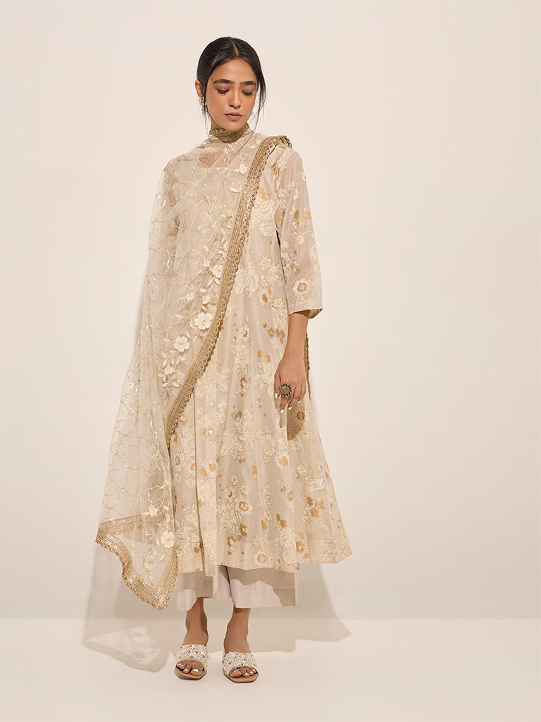 Vark Off-White Floral Printed A-Line Kurta, Inner, Palazzos and Dupatta Set