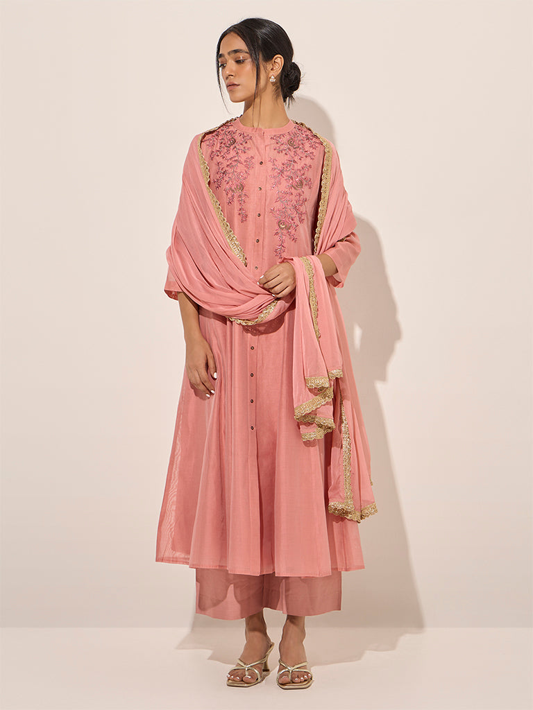 Vark Light Pink A-Line Kurta, Inner, Palazzos and Dupatta