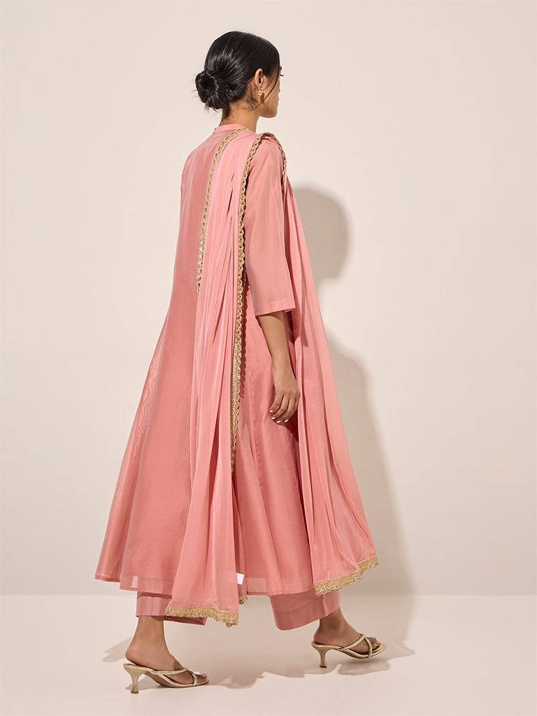 Vark Light Pink A-Line Kurta, Inner, Palazzos and Dupatta