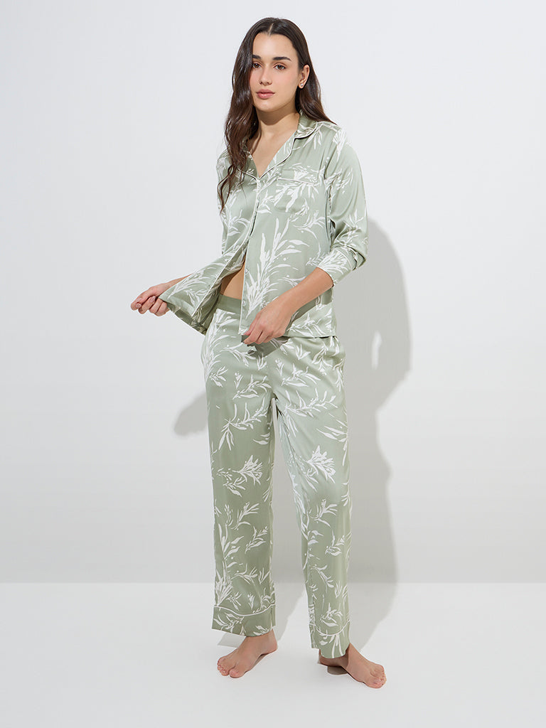 Wunderlove Green Botanical Printed Shirt and Pyjamas Set