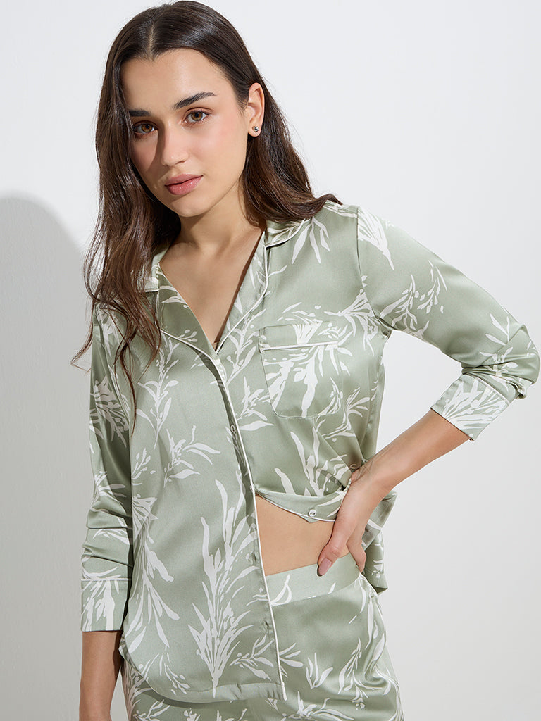 Wunderlove Green Botanical Printed Shirt and Pyjamas Set