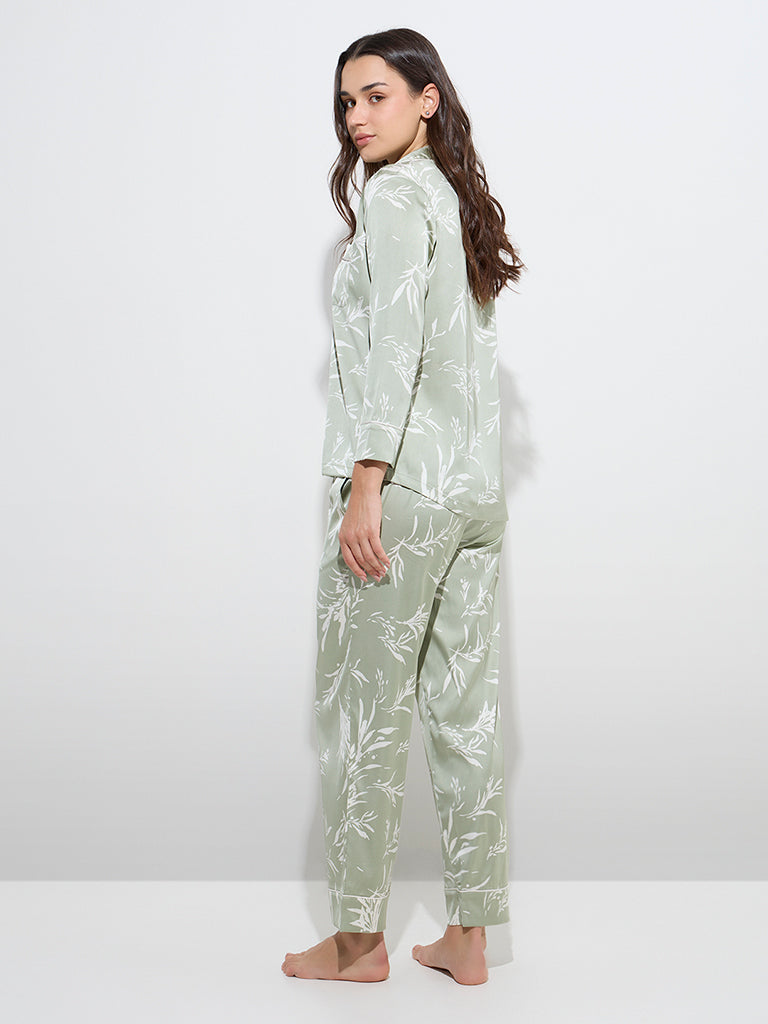 Wunderlove Green Botanical Printed Shirt and Pyjamas Set