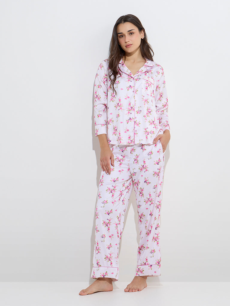 Wunderlove White Floral Printed Shirt and Pyjamas Set