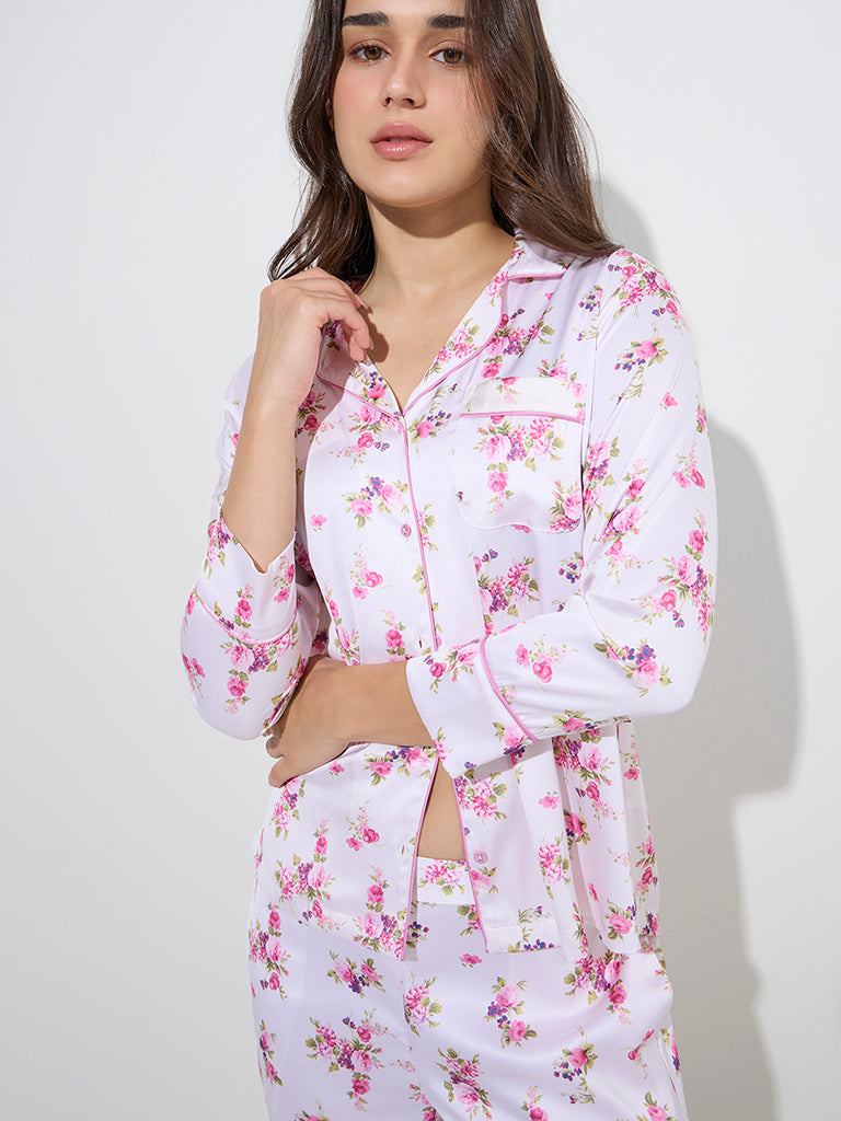 Wunderlove White Floral Printed Shirt and Pyjamas Set