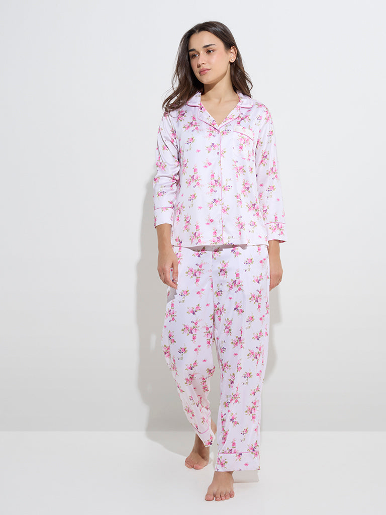 Wunderlove White Floral Printed Shirt and Pyjamas Set