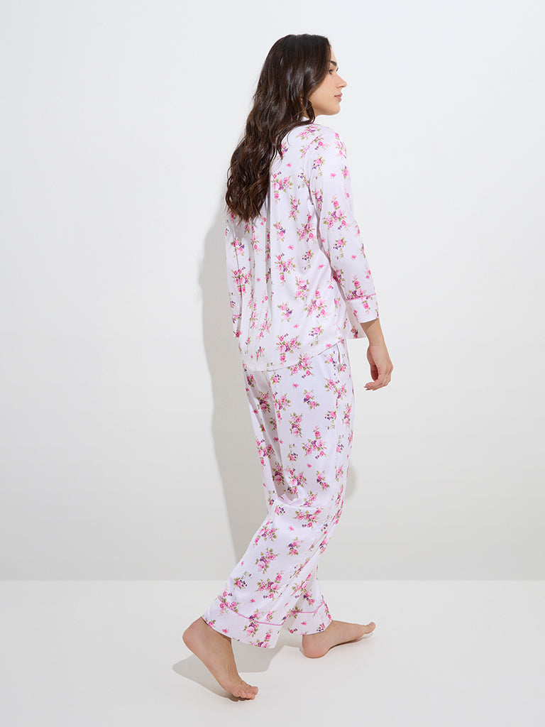 Wunderlove White Floral Printed Shirt and Pyjamas Set