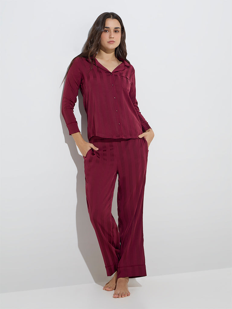 Wunderlove Wine Self-Striped Shirt with Pyjamas Set