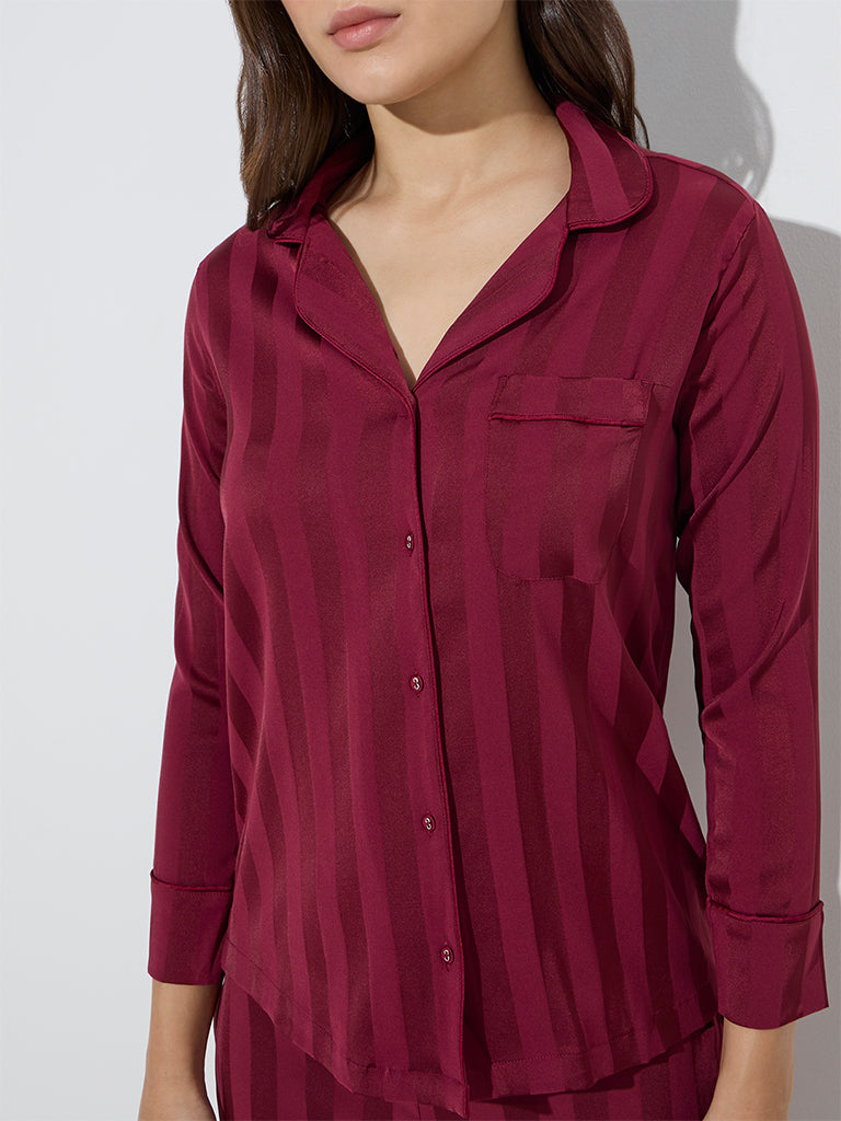 Wunderlove Wine Self-Striped Shirt with Pyjamas Set