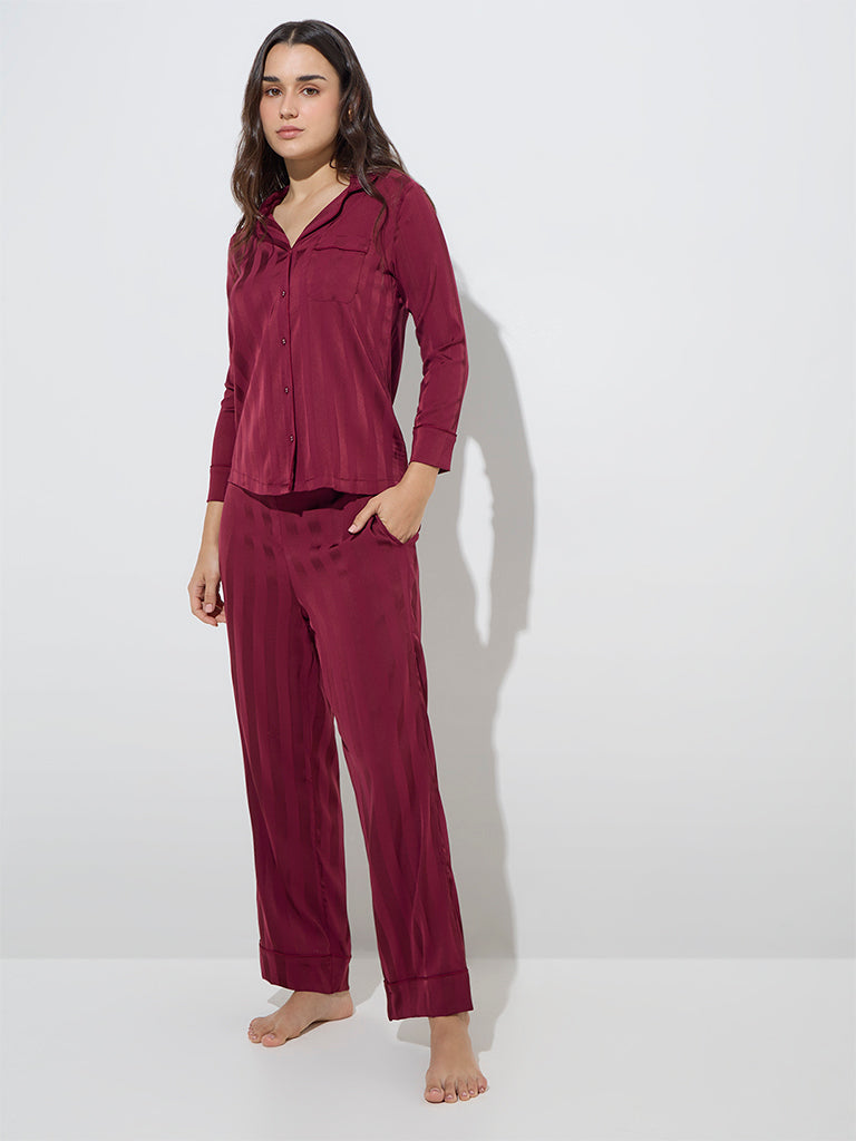 Wunderlove Wine Self-Striped Shirt with Pyjamas Set