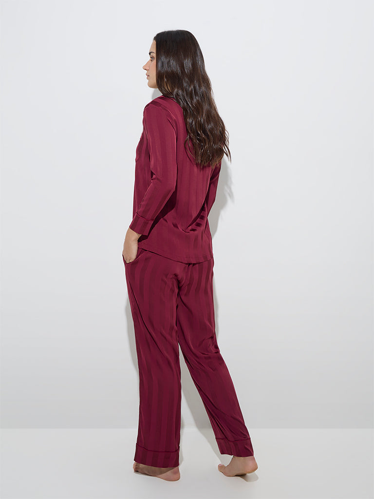 Wunderlove Wine Self-Striped Shirt with Pyjamas Set