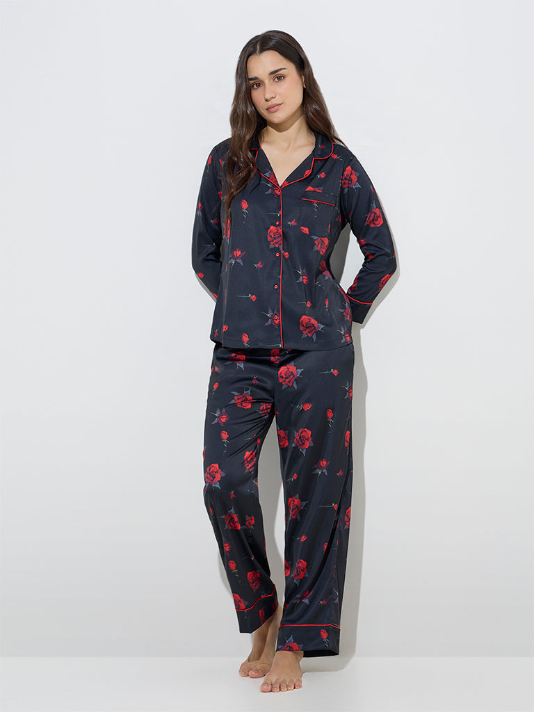 Wunderlove Black Rose Printed Shirt with Pyjamas Set