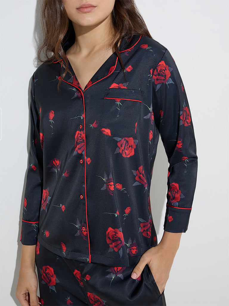 Wunderlove Black Rose Printed Shirt with Pyjamas Set