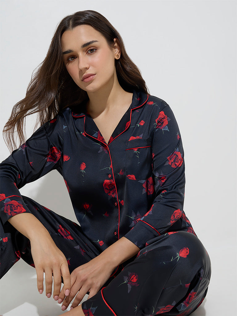 Wunderlove Black Rose Printed Shirt with Pyjamas Set