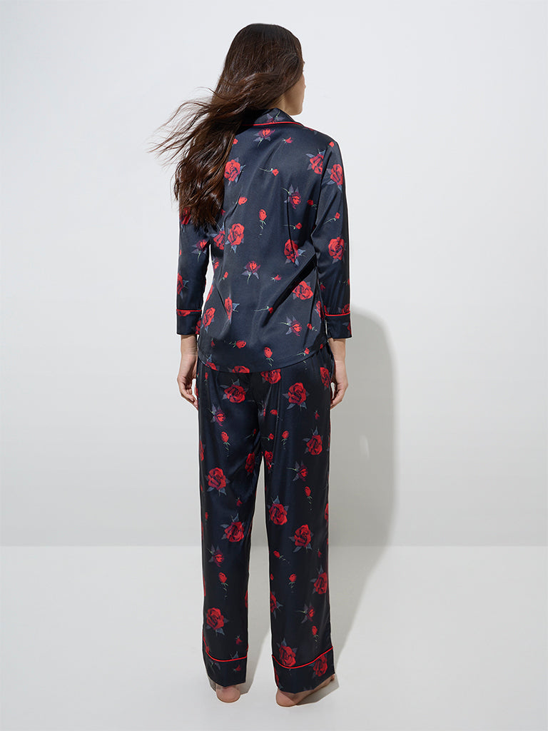 Wunderlove Black Rose Printed Shirt with Pyjamas Set