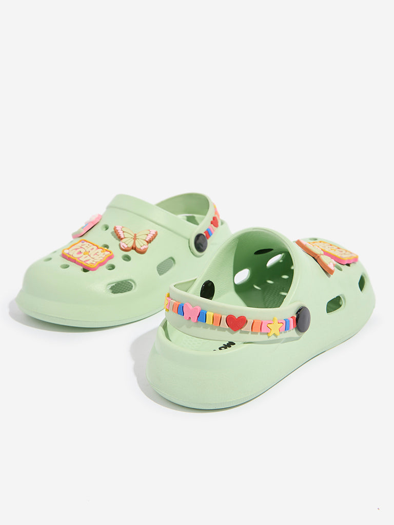 Yellow Light Green Perforated Applique-Detailed Clogs