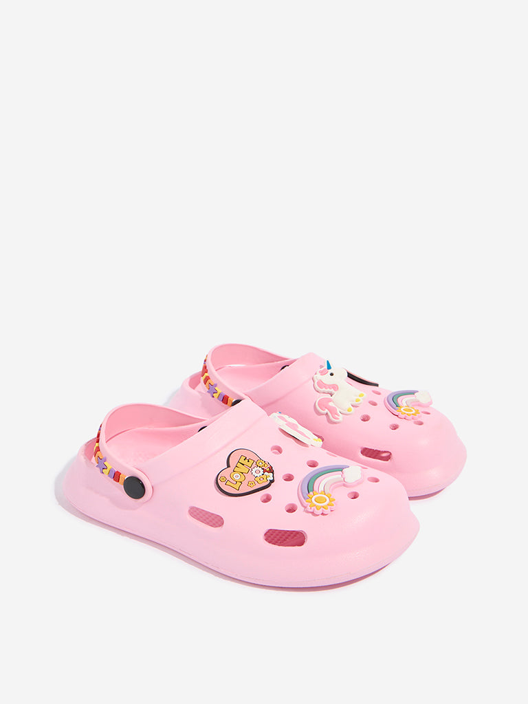 Yellow Pink Applique-Detailed Perforated Clogs