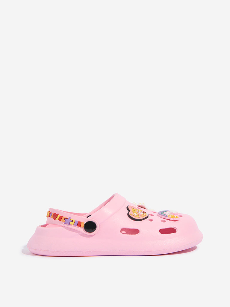 Yellow Pink Applique-Detailed Perforated Clogs