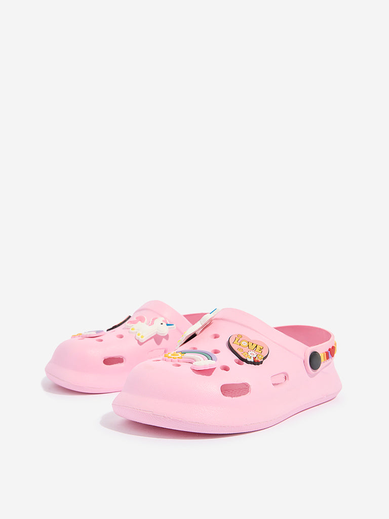 Yellow Pink Applique-Detailed Perforated Clogs