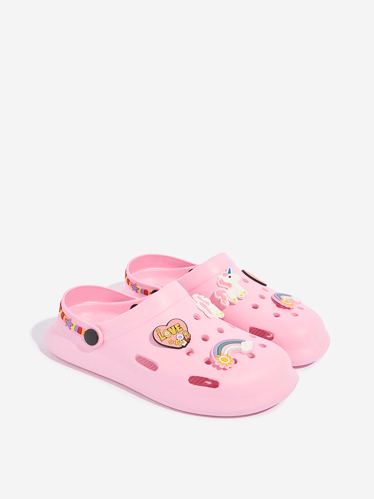 Yellow Pink Applique-Detailed Perforated Clogs