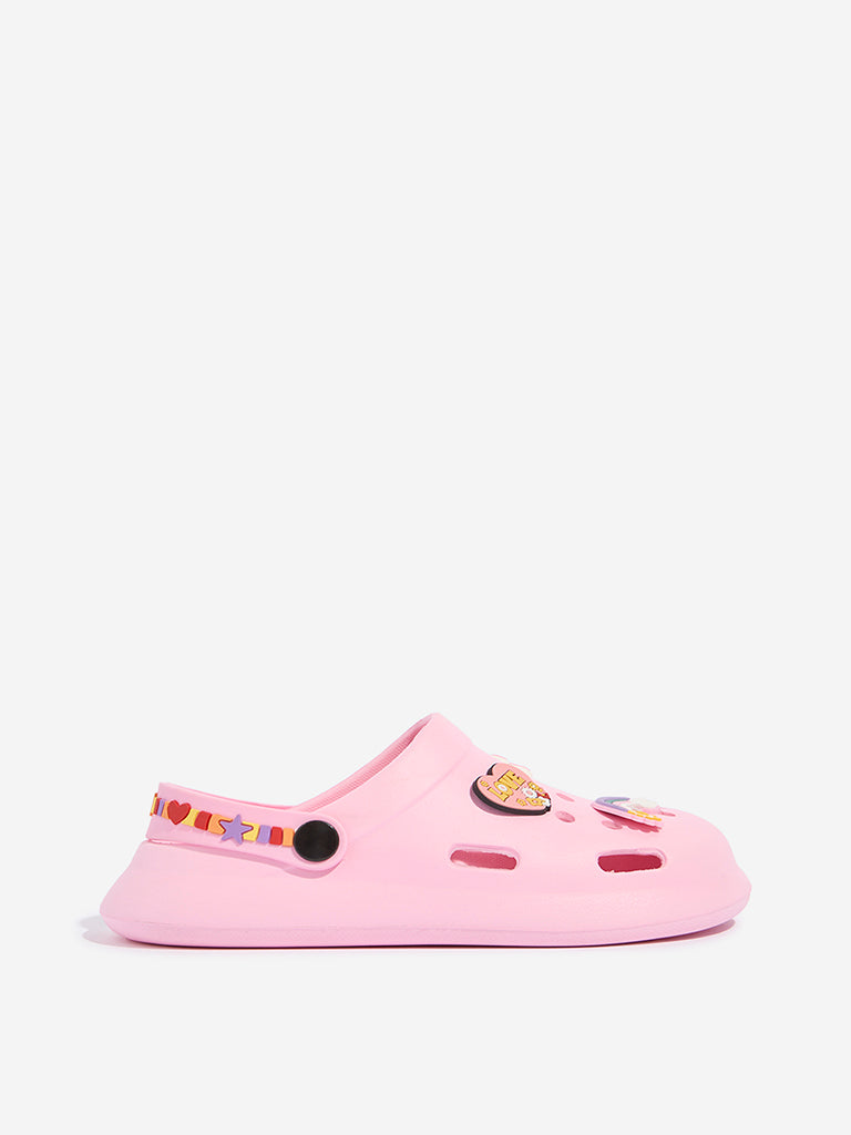 Yellow Pink Applique-Detailed Perforated Clogs