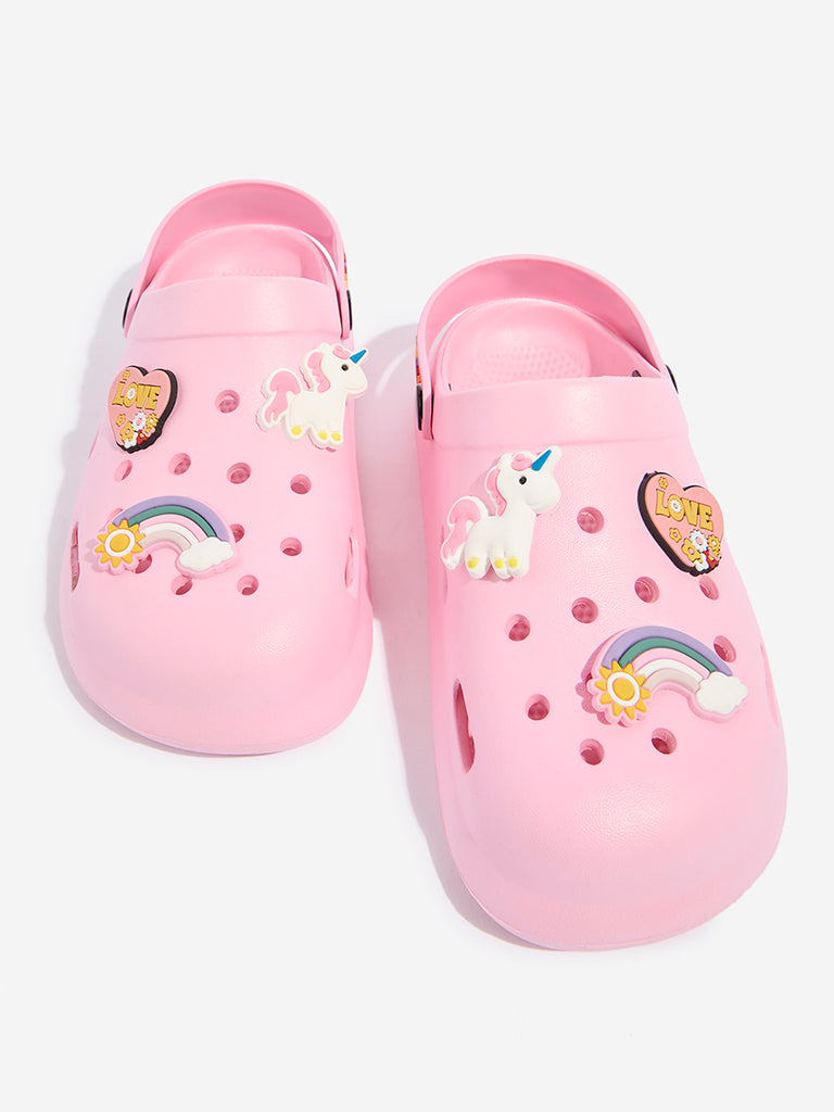 Yellow Pink Applique-Detailed Perforated Clogs