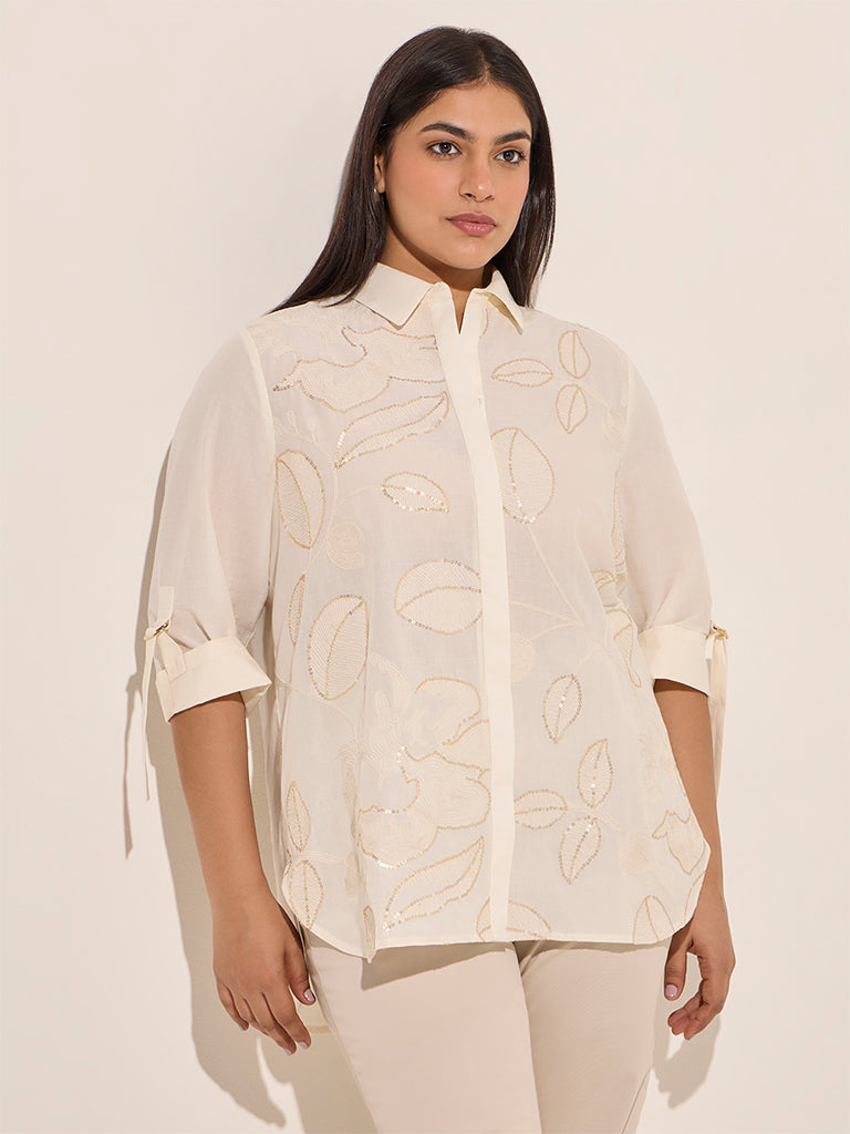 Gia Off-White Leaf Embroidered Cotton Shirt