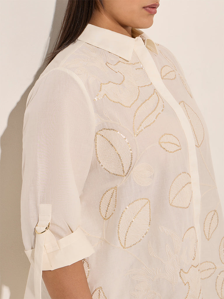 Gia Off-White Leaf Embroidered Cotton Shirt