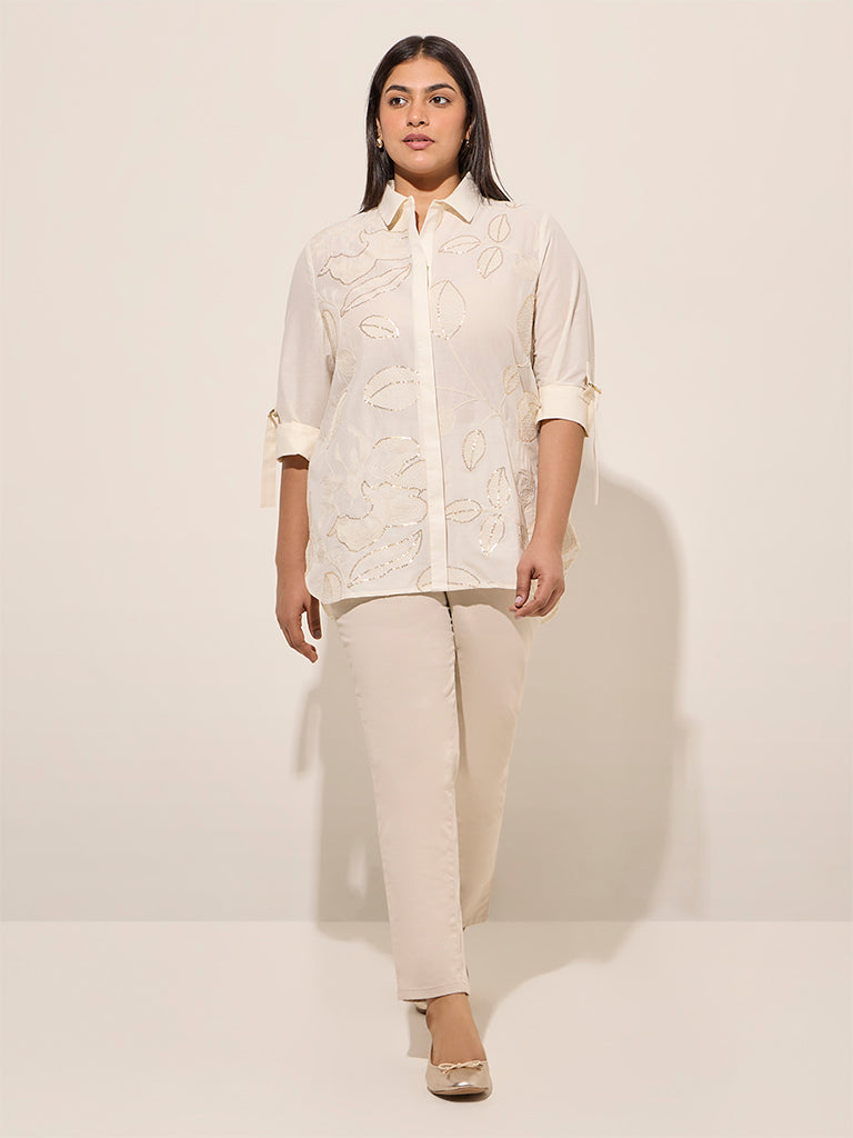 Gia Off-White Leaf Embroidered Cotton Shirt