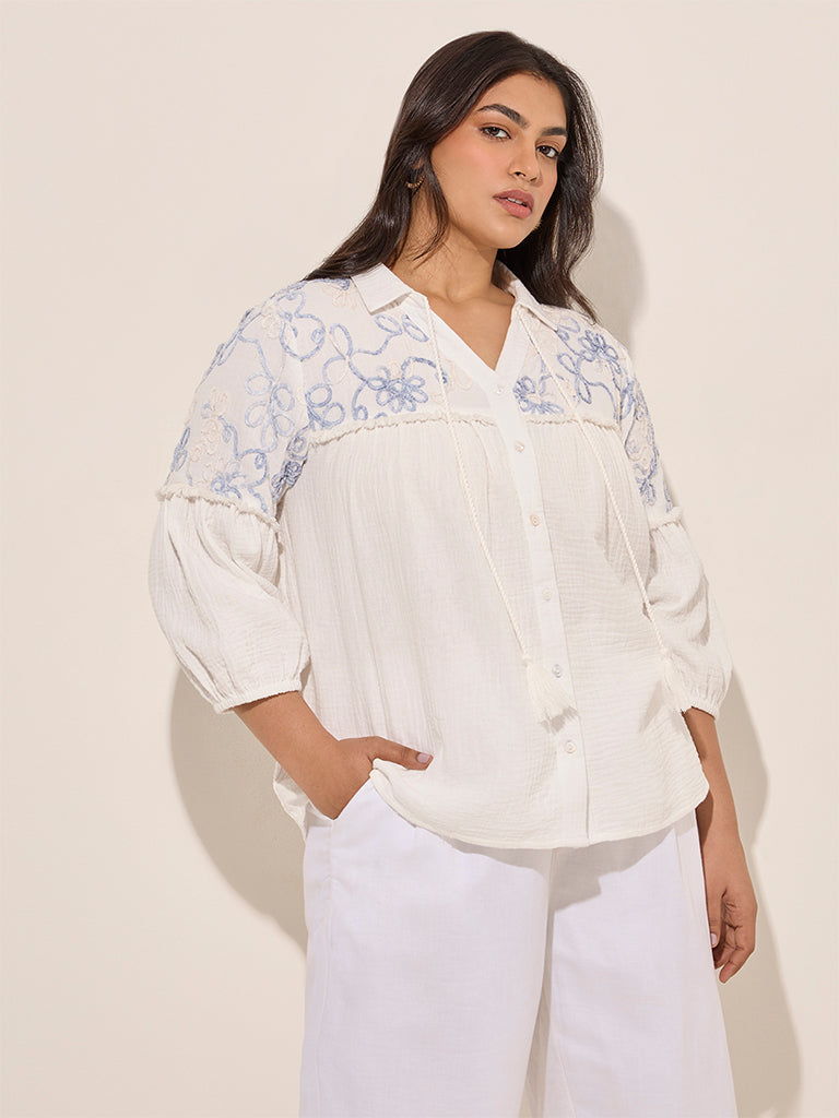 Gia White Floral Embroidered Cotton Shirt