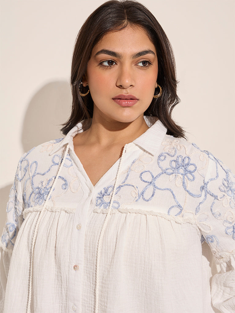 Gia White Floral Embroidered Cotton Shirt