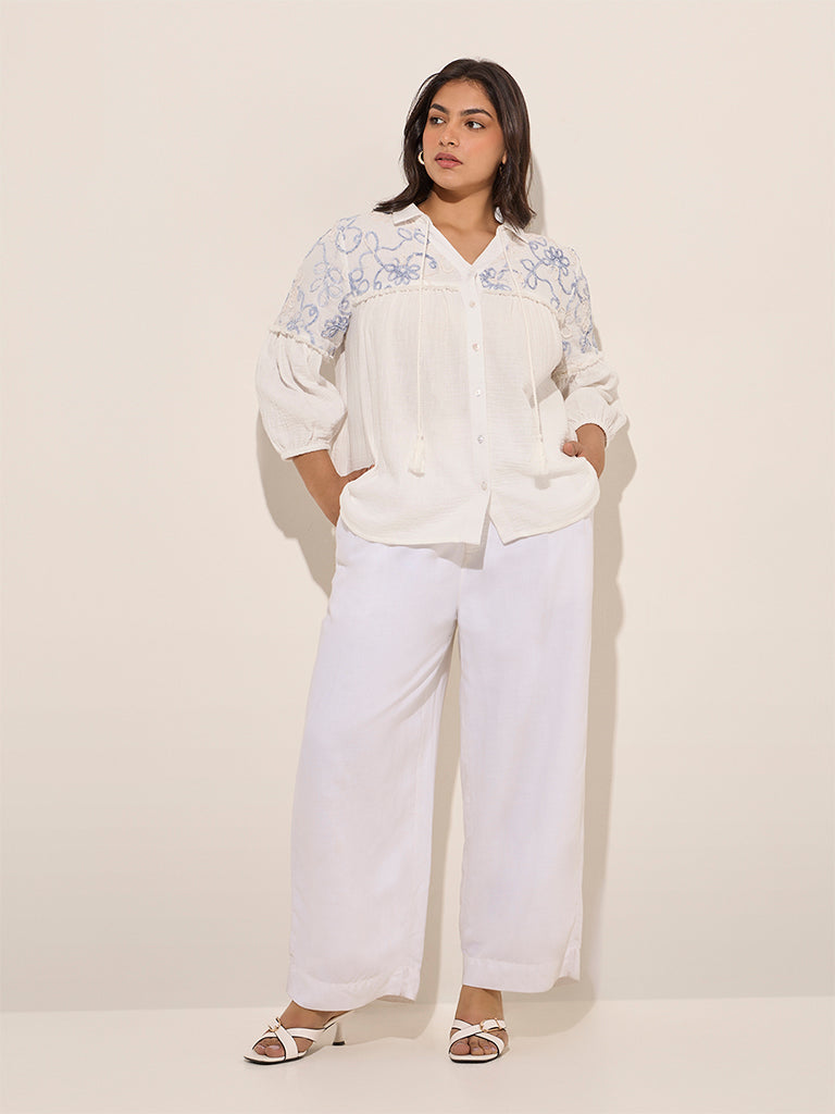 Gia White Floral Embroidered Cotton Shirt